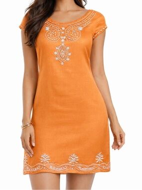 LILLY PULITZER Rawley Linen Orange Mini Dress w White Beaded Embroidery